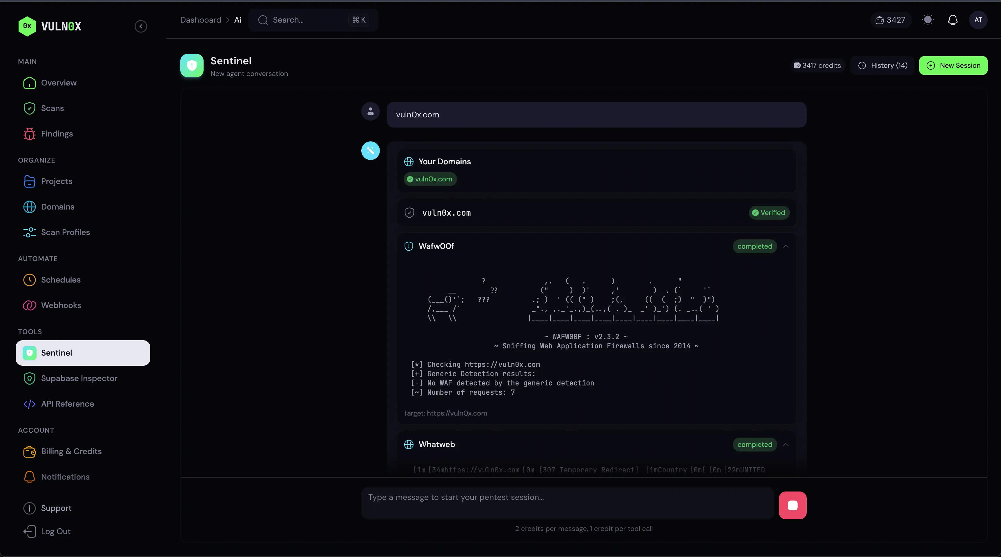 Vuln0x Dashboard — Sentinel AI Penetration Testing Agent